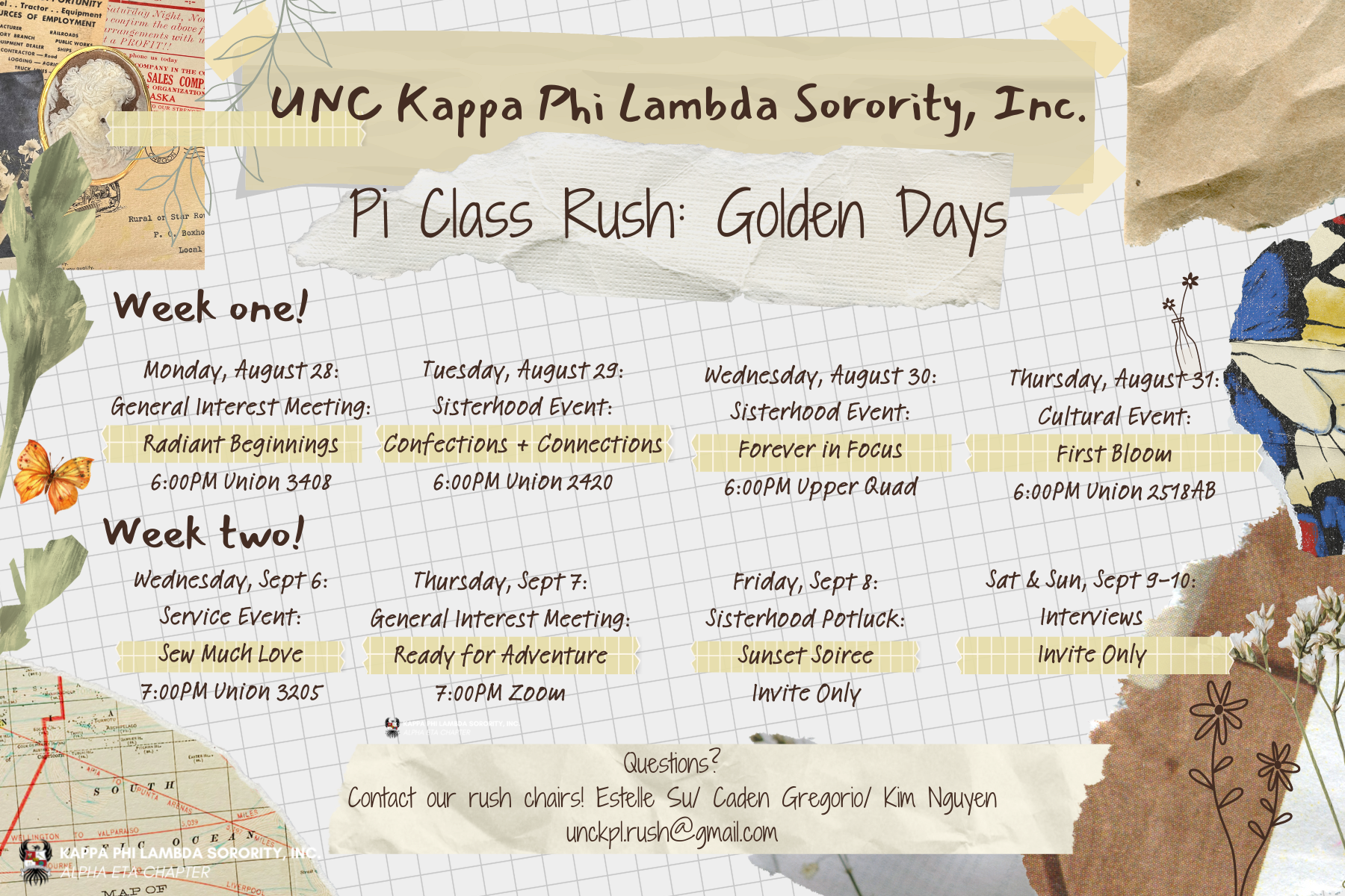 KPL rush week flyer with golden theme and event schedule